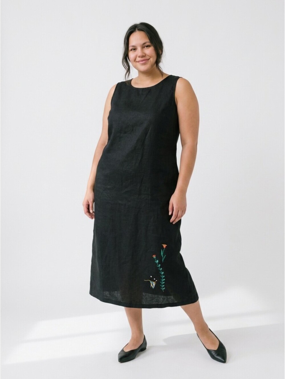 Vintage 90s Linen Blend Embroidered Fish Tank Maxi Dress Plus Size 24W Black